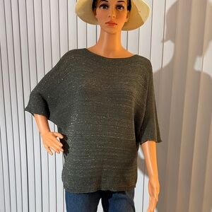 Women's Olive Green Short-Sleeve Knit Top with Metallic Thread